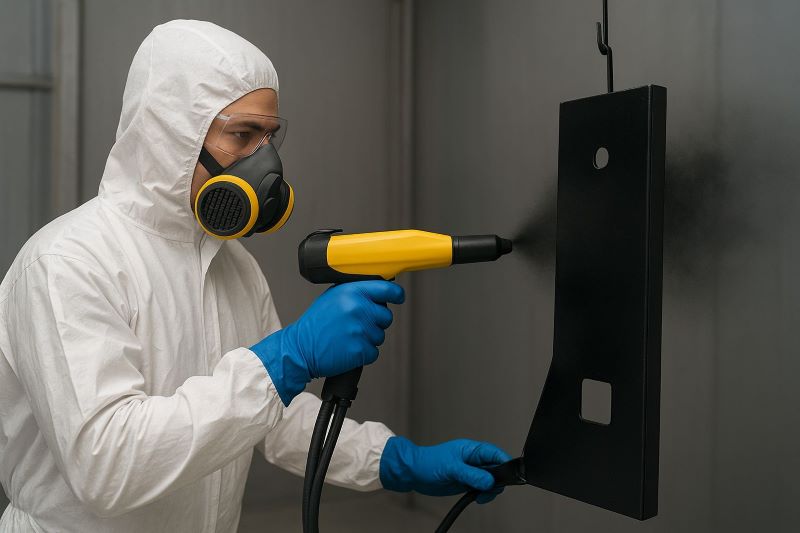 pintura eletrostática: profissional na indústria realizando pintura industrial com spray